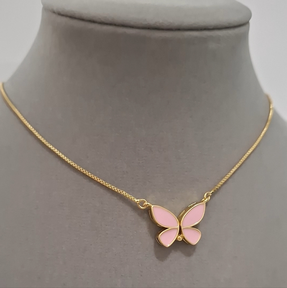 Pink enamel magnetic butterfly wings necklace